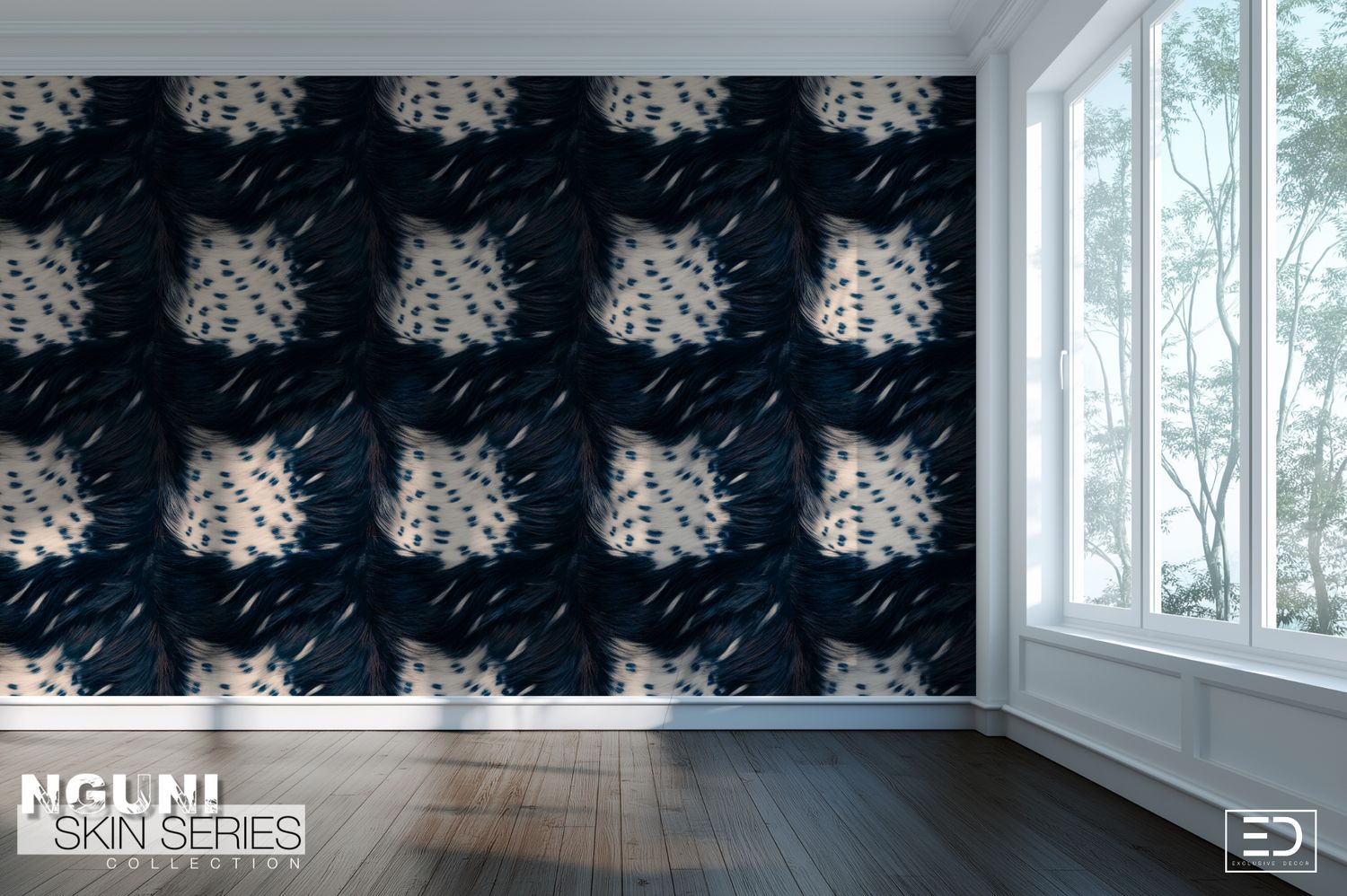 Nguni Skin Wallpaper - ~Space Cadet Blue, Black &amp; Speckled Beige