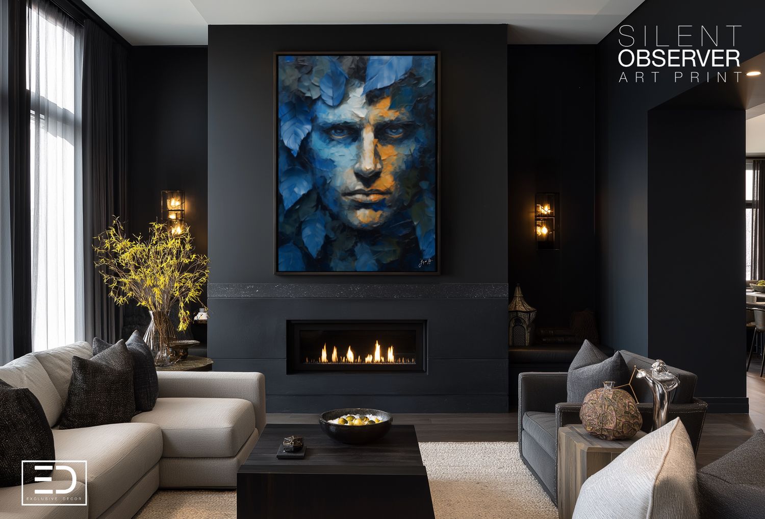 Abstract Male Face in Blue Foilage - The Silent Observer Art Print
