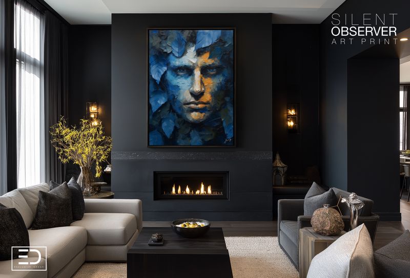 Abstract Male Face in Blue Foilage - The Silent Observer Art Print