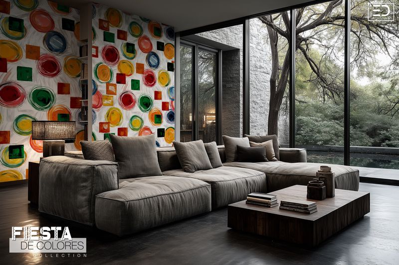Rueda Libre | Red, Green &amp; Ochre Abstract Circle &amp; Square Wallpaper | Fiesta de Colores Collection