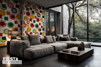 Rueda Libre | Red, Green &amp; Ochre Abstract Circle &amp; Square Wallpaper | Fiesta de Colores Collection