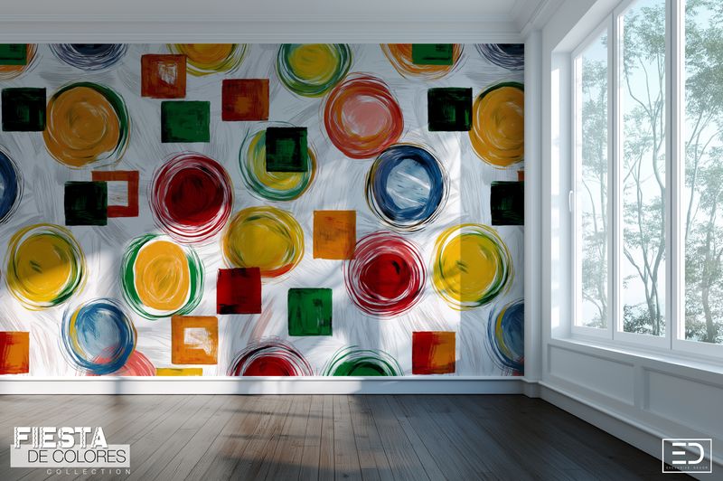 Rueda Libre | Red, Green &amp; Ochre Abstract Circle &amp; Square Wallpaper | Fiesta de Colores Collection