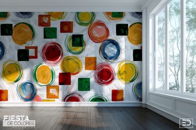Rueda Libre | Red, Green &amp; Ochre Abstract Circle &amp; Square Wallpaper | Fiesta de Colores Collection