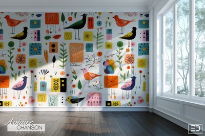 Sparrow Market Bird Wallpaper: Multicolour on White | Aviaire Chanson Collection Sparrow Market Bird Wallpaper: Multicolour on White | Aviaire Chanson Collection