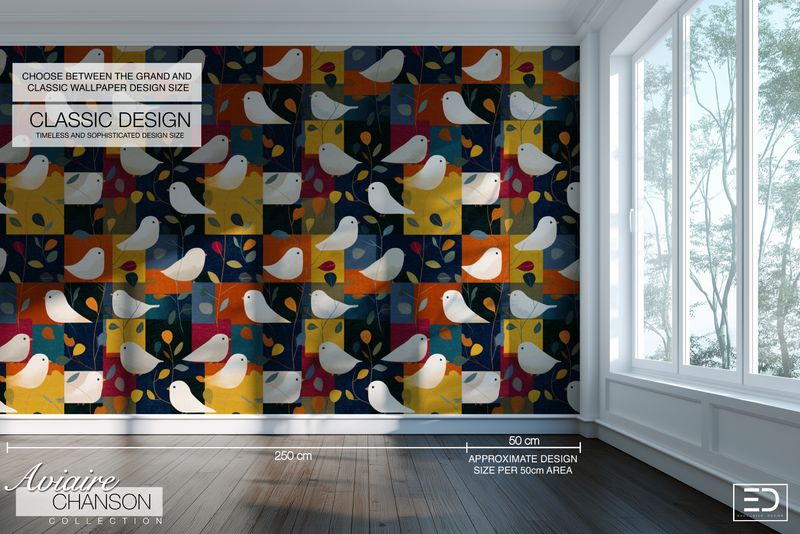 Bloc de Nuit Bird Wallpaper: Navy, Ochre and Rust | Aviaire Chanson Collection