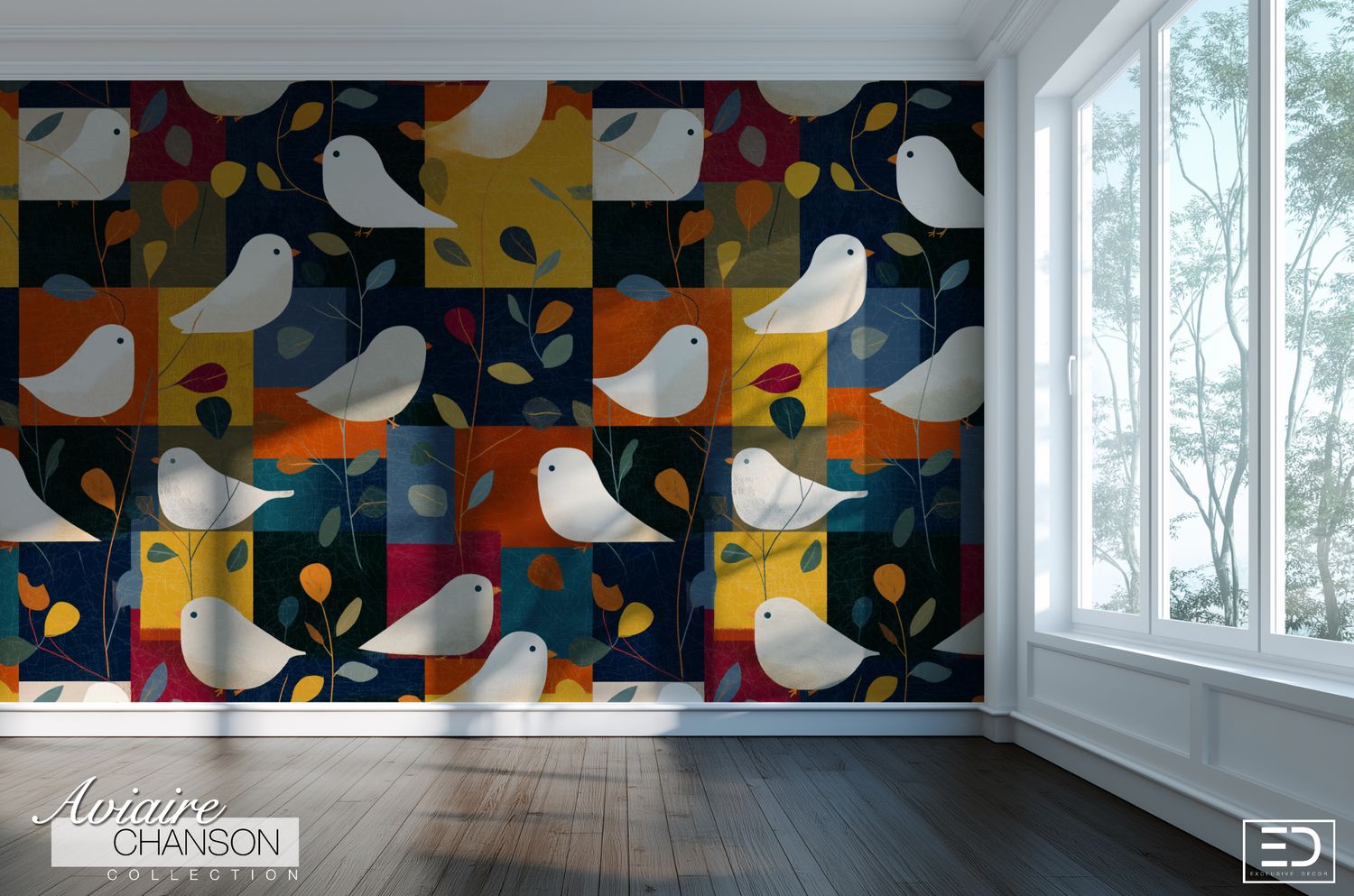 Bloc de Nuit Bird Wallpaper: Navy, Ochre and Rust | Aviaire Chanson Collection