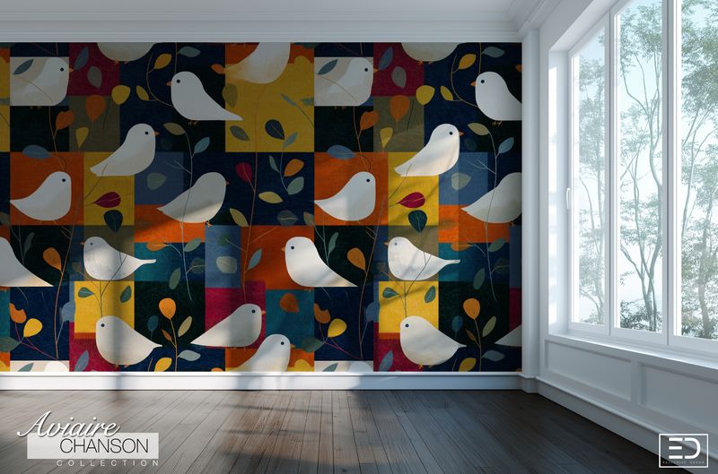 Bloc de Nuit Bird Wallpaper: Navy, Ochre and Rust | Aviaire Chanson Collection Bloc de Nuit Bird Wallpaper: Navy, Ochre and Rust | Aviaire Chanson Collection