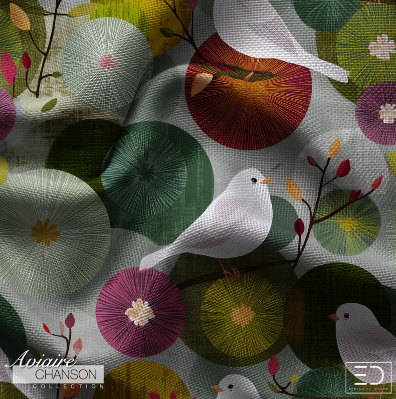 Disques Sauvages Bird Fabric: Dusty Olive, Plum &amp; Gold | Aviaire Chanson Collection