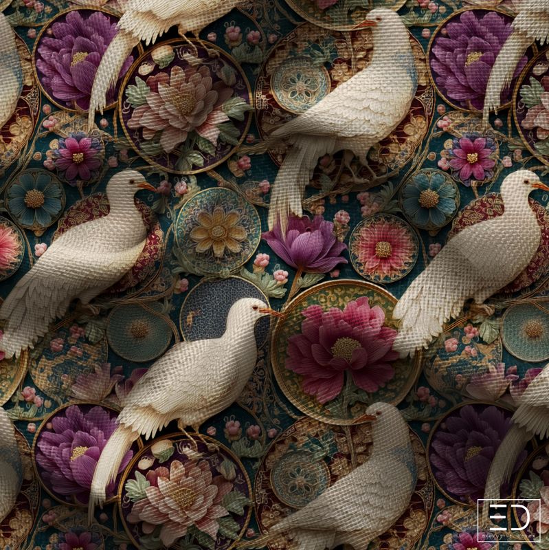 Pivoine Profonde Bird Fabric: Ivory, Rose and Deep Teal | Aviaire Chanson Collection