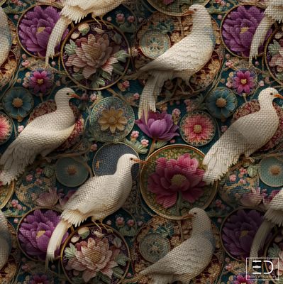 Pivoine Profonde Bird Fabric: Ivory, Rose and Deep Teal | Aviaire Chanson Collection