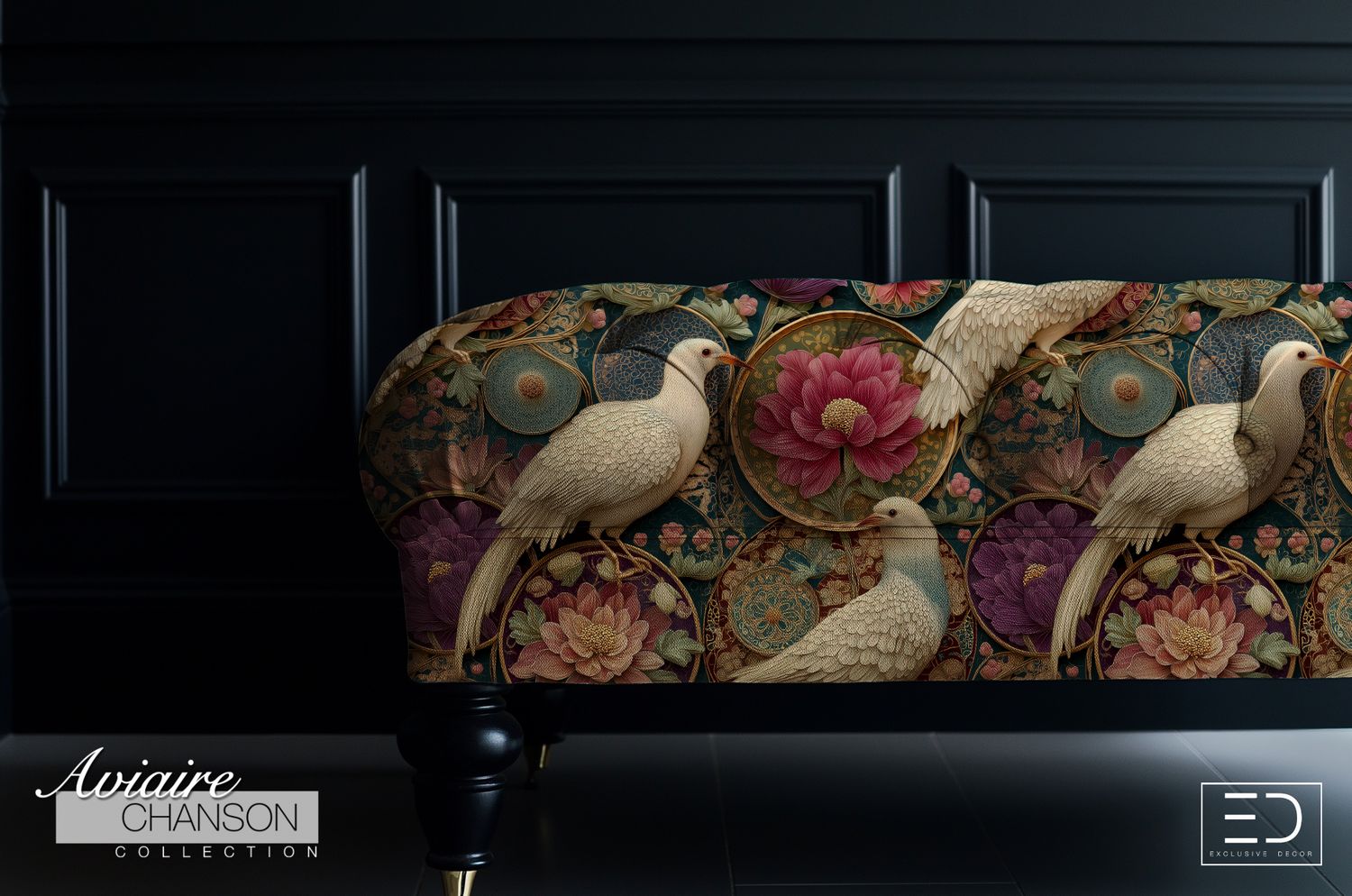 Pivoine Profonde Bird Fabric: Ivory, Rose and Deep Teal | Aviaire Chanson Collection