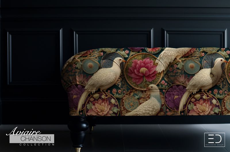 Pivoine Profonde Bird Fabric: Ivory, Rose and Deep Teal | Aviaire Chanson Collection