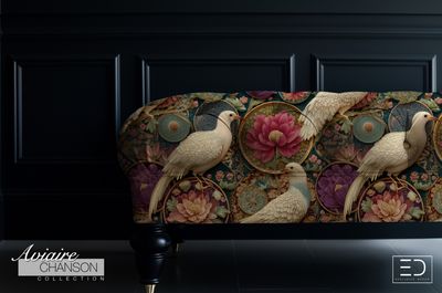Pivoine Profonde Bird Fabric: Ivory, Rose and Deep Teal | Aviaire Chanson Collection