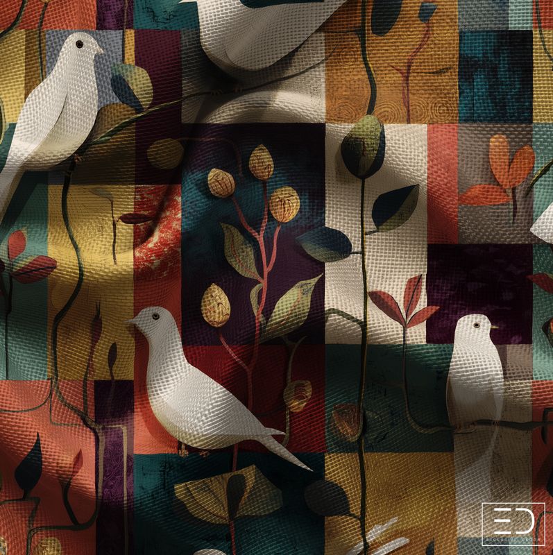 Terres Tissées Bird Fabric: Rust, Teal and Ochre | Aviaire Chanson Collection