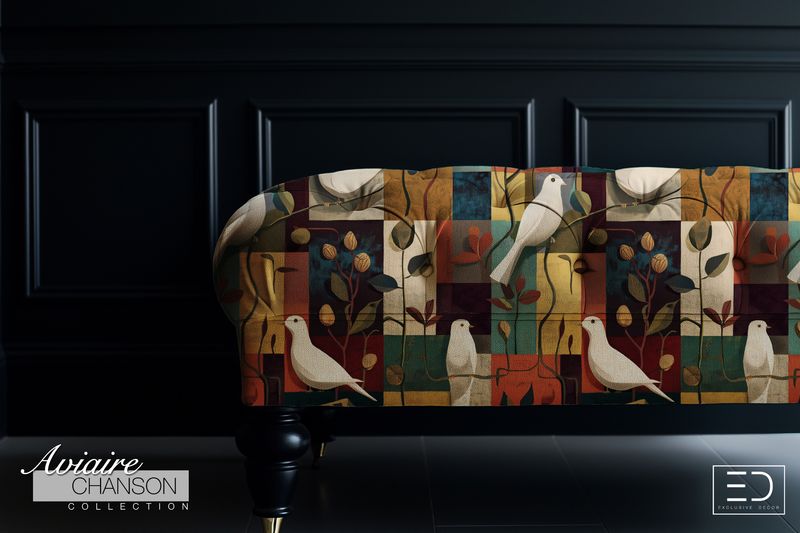 Terres Tissées Bird Fabric: Rust, Teal and Ochre | Aviaire Chanson Collection