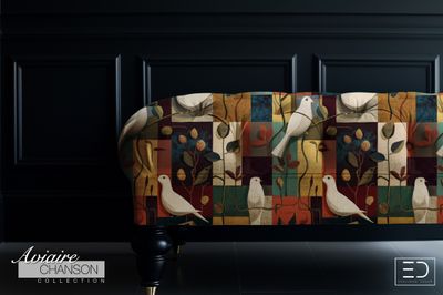 Terres Tissées Bird Fabric: Rust, Teal and Ochre | Aviaire Chanson Collection Terres Tissées Bird Fabric: Rust, Teal and Ochre | Aviaire Chanson Collection