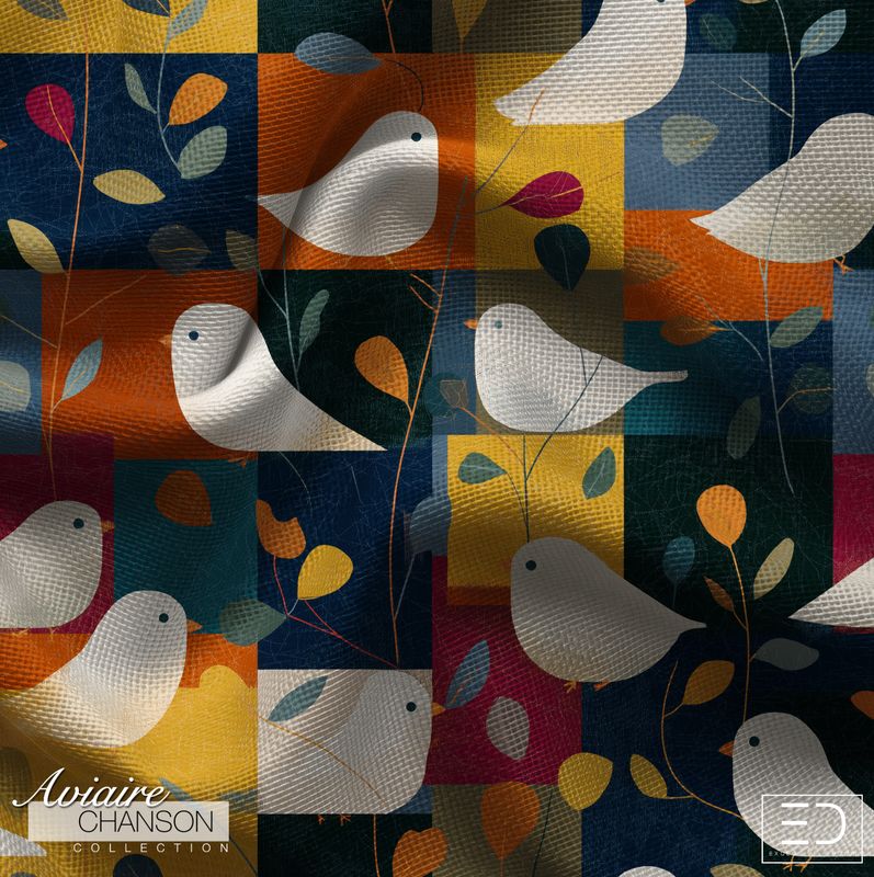 Bloc de Nuit Bird Fabric: Navy, Ochre &amp; Rust | Aviaire Chanson Collection
