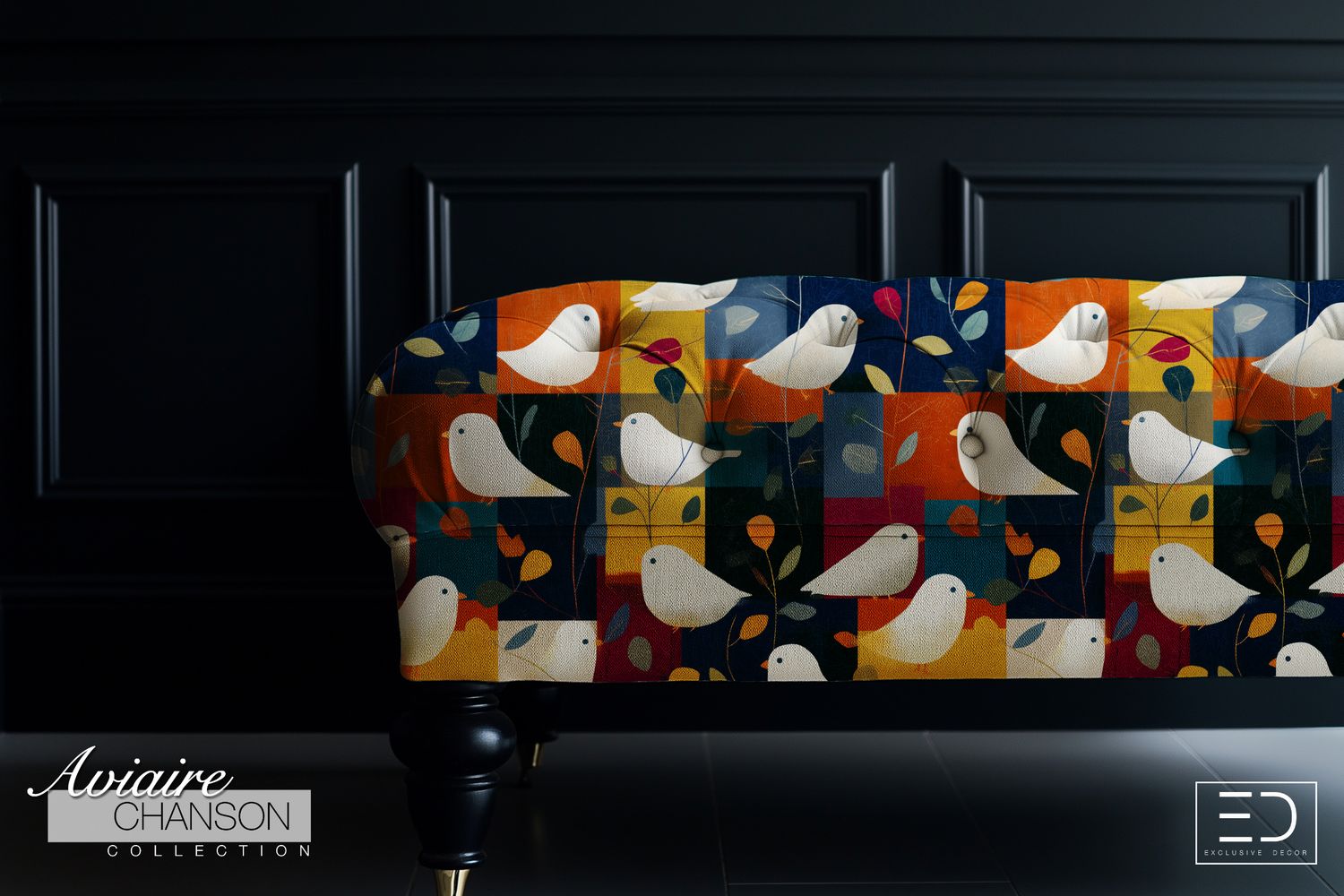 Bloc de Nuit Bird Fabric: Navy, Ochre &amp; Rust | Aviaire Chanson Collection