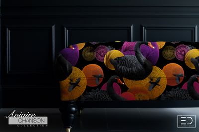 Cygne Noir Black Swan Fabric: Black, Gold and Plum | Aviaire Chanson Collection