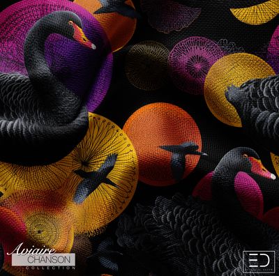 Cygne Noir Black Swan Fabric: Black, Gold and Plum | Aviaire Chanson Collection