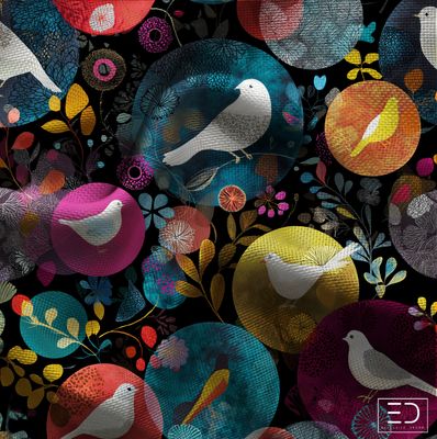Minuit Fleuri Bird Fabric: Midnight, Jewel Tones and White | Aviaire Chanson Collection