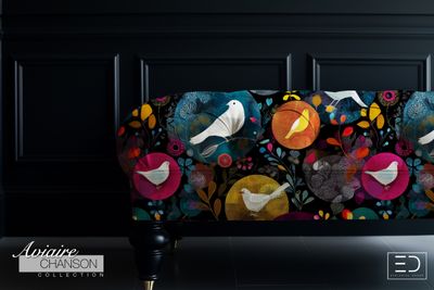 Minuit Fleuri Bird Fabric: Midnight, Jewel Tones and White | Aviaire Chanson Collection