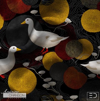 Oies Dorées Duck Fabric: Black, Gold and Rust | Aviaire Chanson Collection