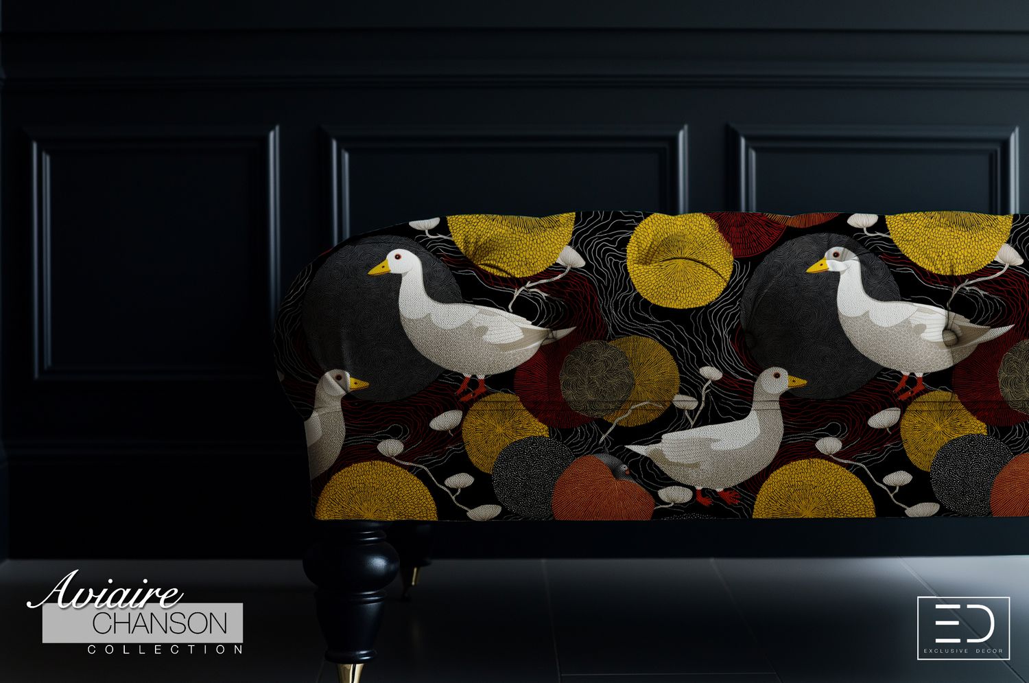 Oies Dorées Duck Fabric: Black, Gold and Rust | Aviaire Chanson Collection