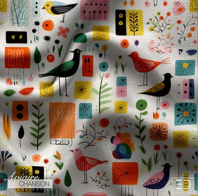 Sparrow Market Bird Fabric: Multicolour on White | Aviaire Chanson Collection