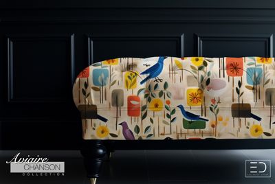 Sparrow Market Bird Fabric: Multicolour on White | Aviaire Chanson Collection