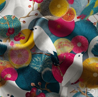 Jardin Vif Bird Fabric: Teal, Coral and Olive | Aviaire Chanson Collection