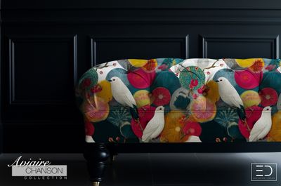 Jardin Vif Bird Fabric: Teal, Coral and Olive | Aviaire Chanson Collection