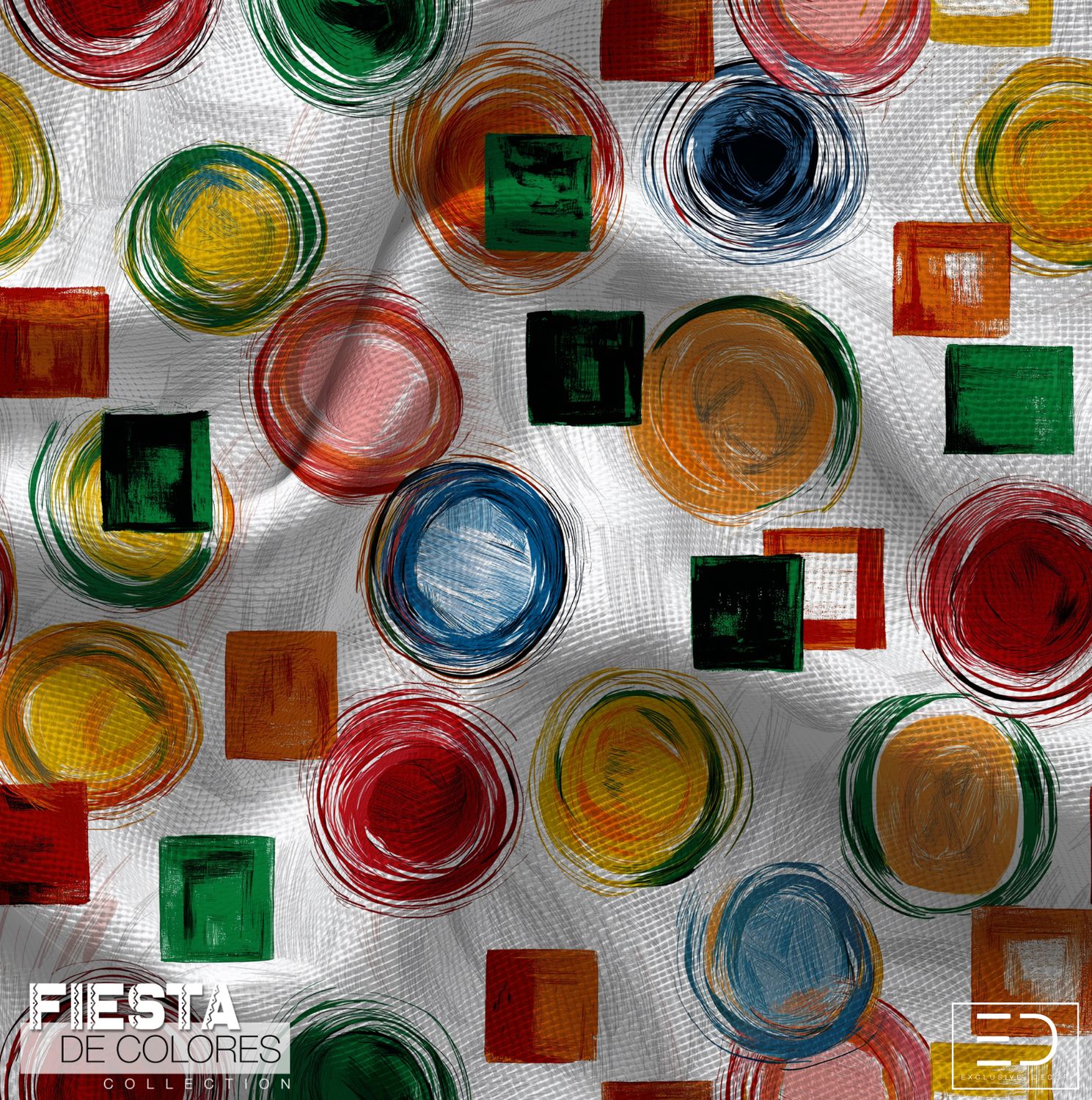 Rueda Libre | Red, Green &amp; Ochre Abstract Circle &amp; Square Fabric | Fiesta de Colores Collection