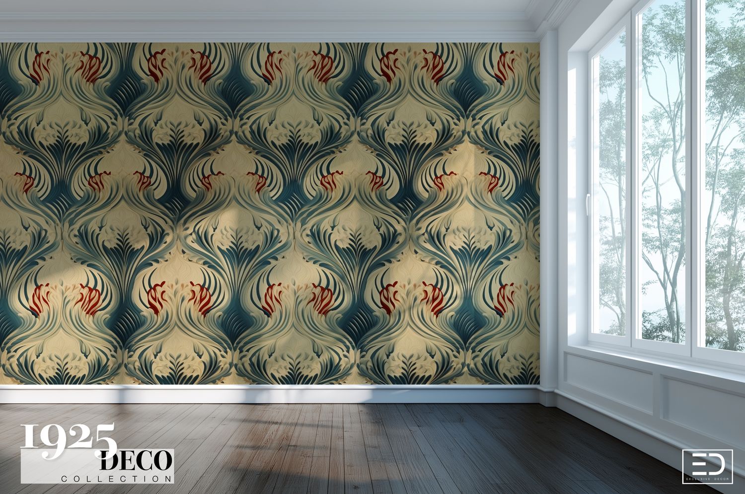 The Riviera Plume Wallpaper: Teal, Cream &amp; Crimson | 1925 Deco Collection