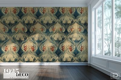 The Riviera Plume Wallpaper: Teal, Cream & Crimson | 1925 Deco Collection The Riviera Plume Wallpaper: Teal, Cream & Crimson | 1925 Deco Collection