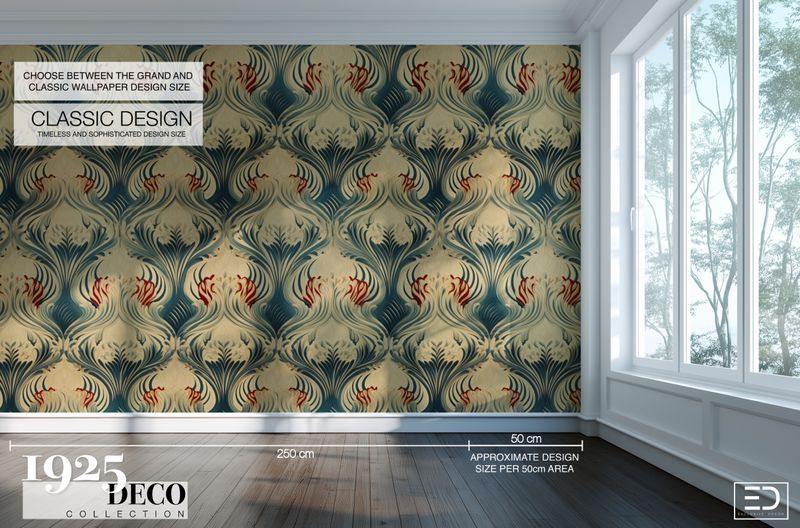 The Riviera Plume Wallpaper: Teal, Cream &amp; Crimson | 1925 Deco Collection