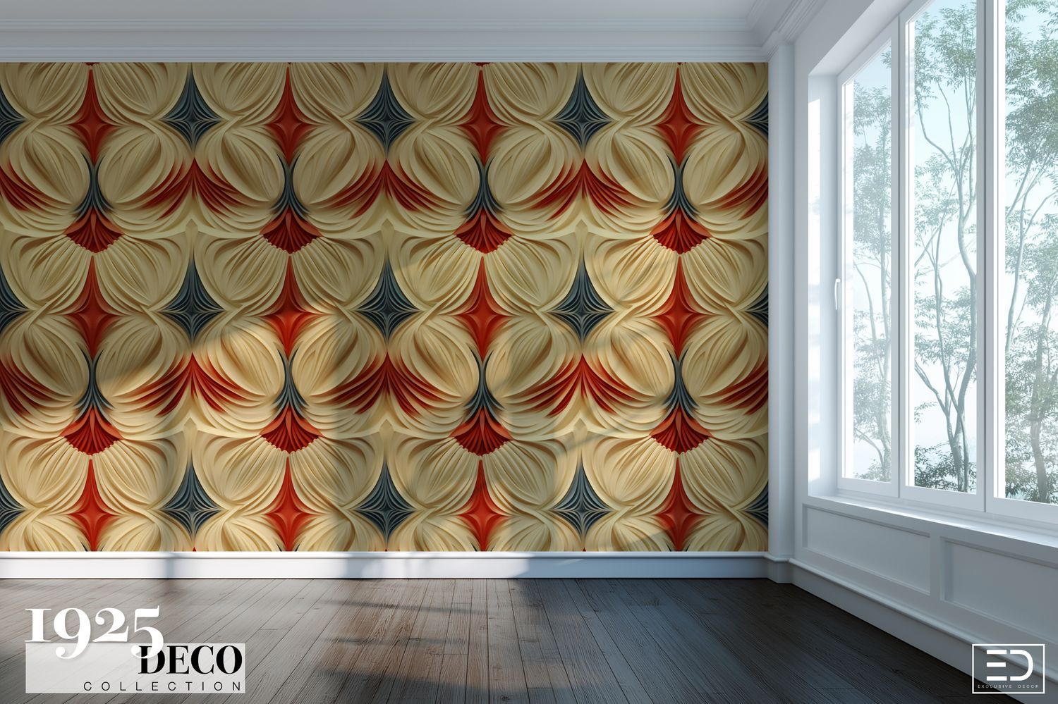The Ambassador Wallpaper: Cream, Oxblood &amp; Steel Blue | 1925 Deco Collection