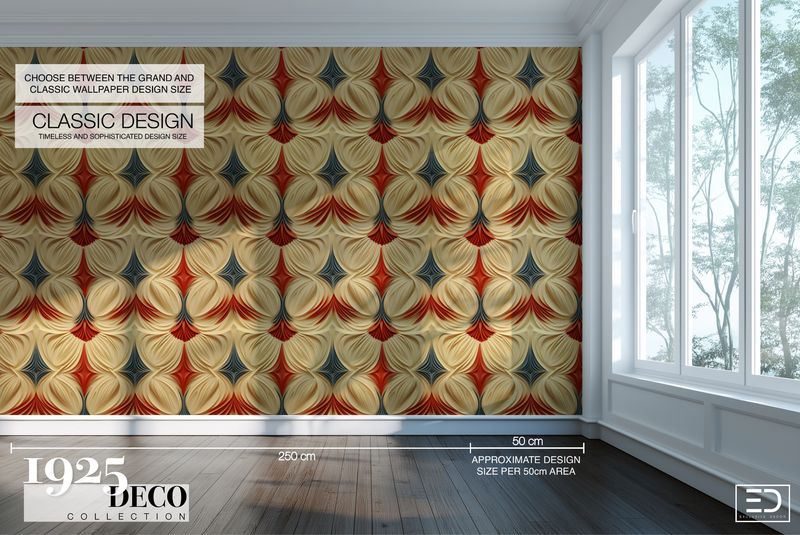 The Ambassador Wallpaper: Cream, Oxblood &amp; Steel Blue | 1925 Deco Collection