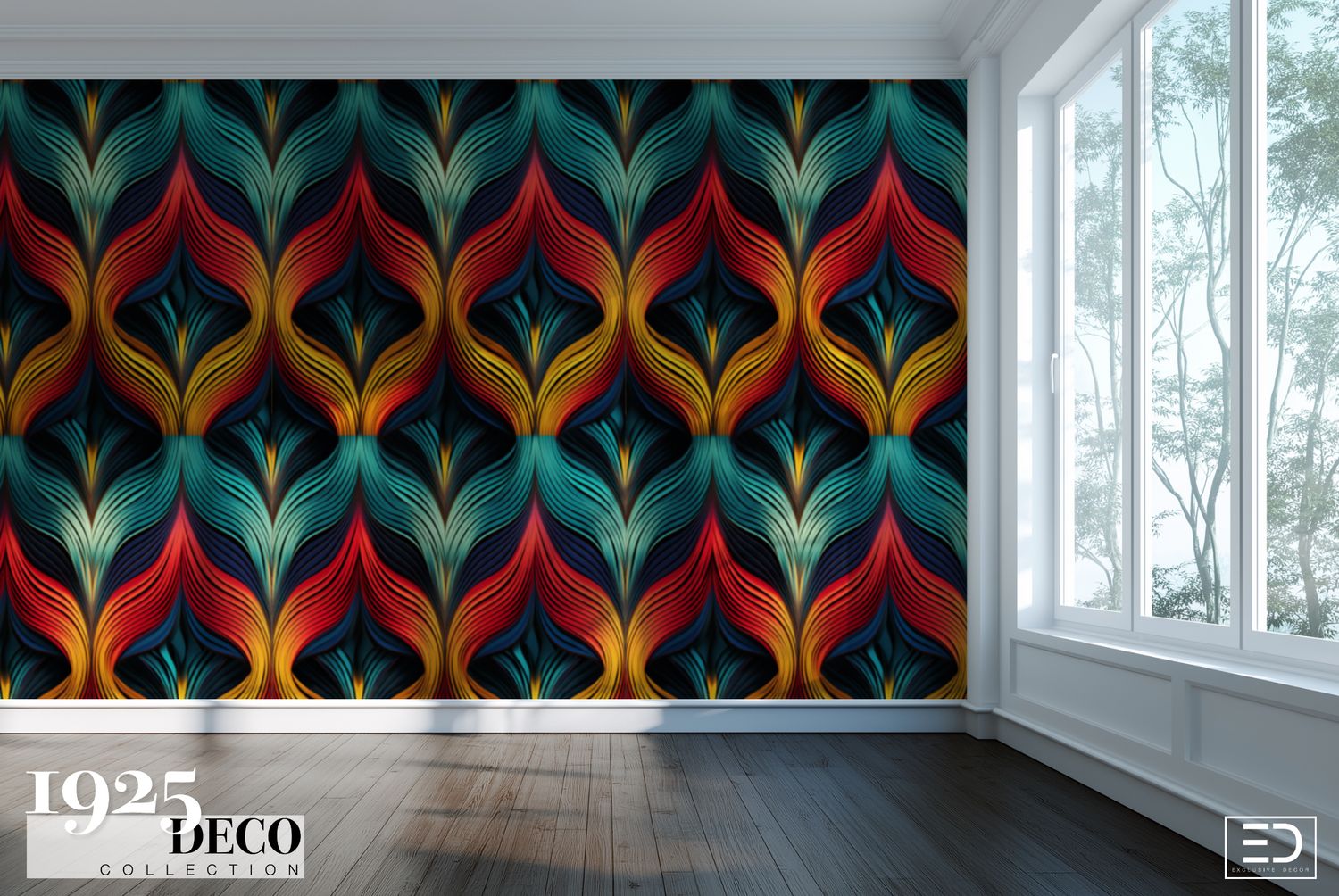 The Zephyr Flame Wallpaper: Navy, Gold &amp; Teal | 1925 Deco Collection