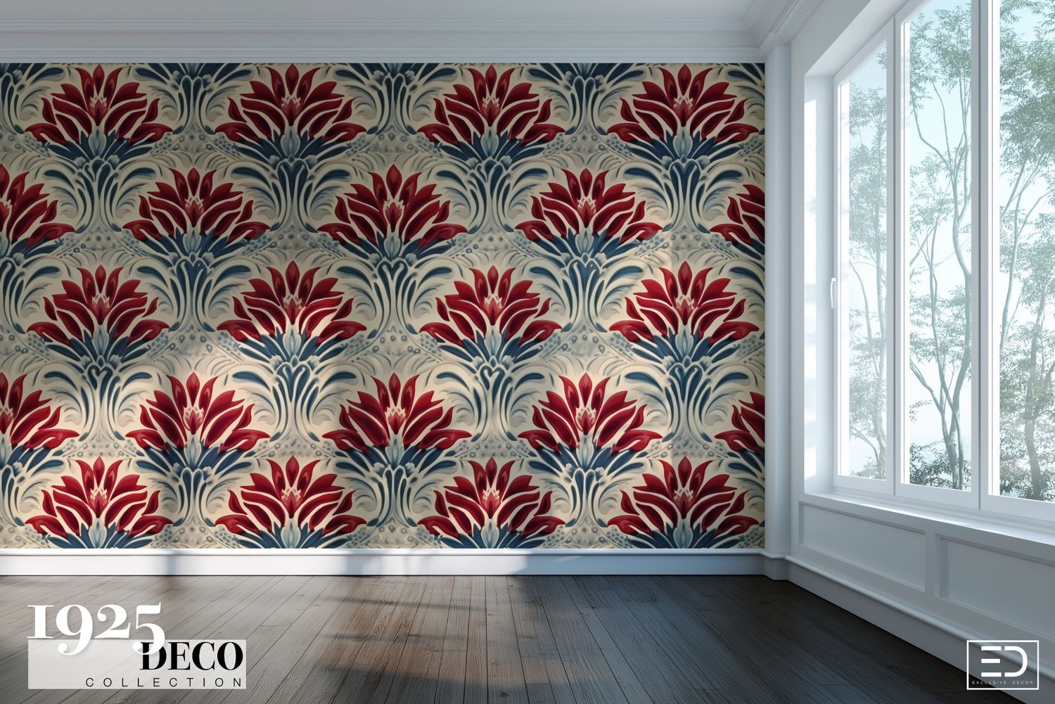 The Vermillion Lotus Wallpaper: Burgundy &amp; Navy | 1925 Deco Collection