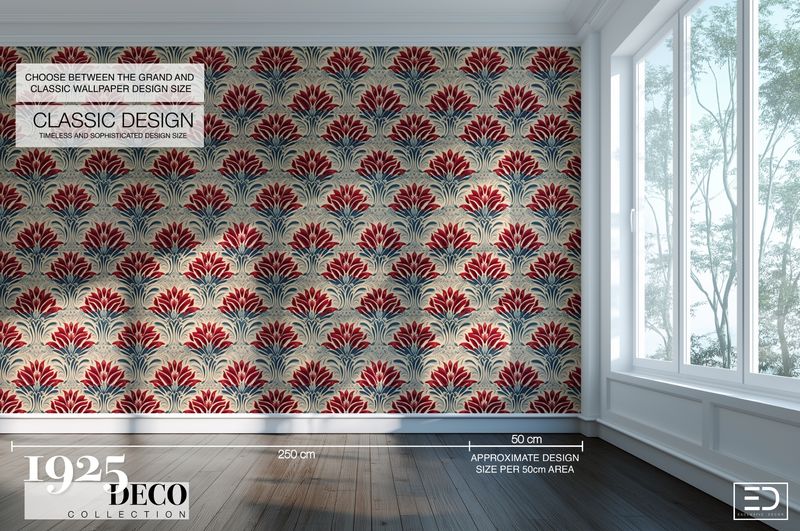 The Vermillion Lotus Wallpaper: Burgundy &amp; Navy | 1925 Deco Collection