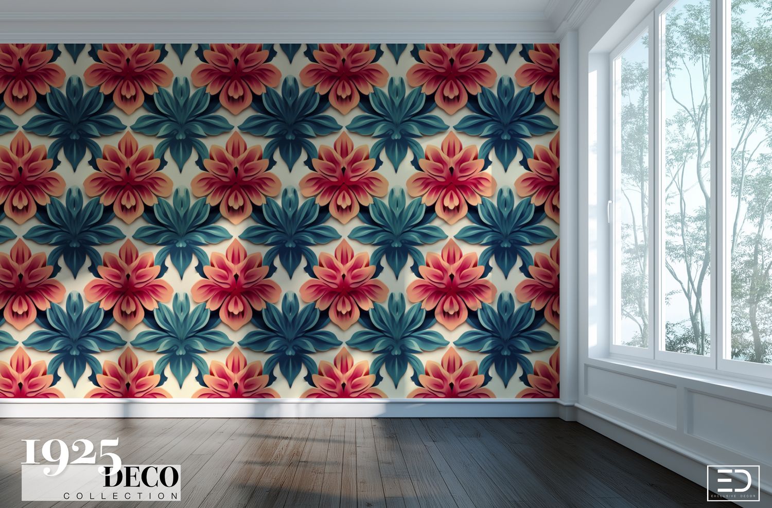 The Biarritz Wallpaper: Teal, Coral &amp; Rose | 1925 Deco Collection