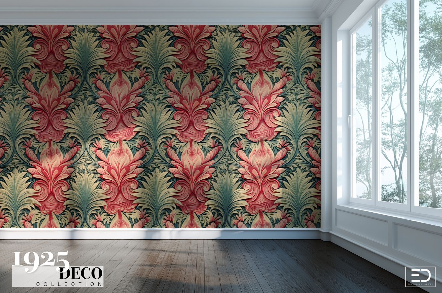 The Grand Scroll Wallpaper: Dusty Rose &amp; Sage | 1925 Deco Collection