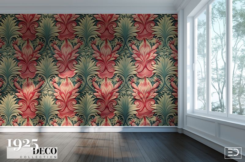 The Grand Scroll Wallpaper: Dusty Rose &amp; Sage | 1925 Deco Collection