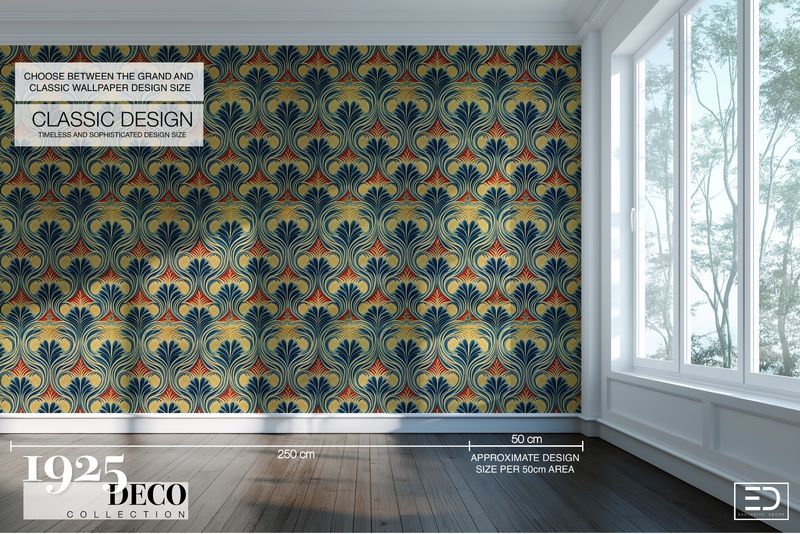 The Empire Crest Wallpaper: Navy, Gold &amp; Red | 1925 Deco Collection