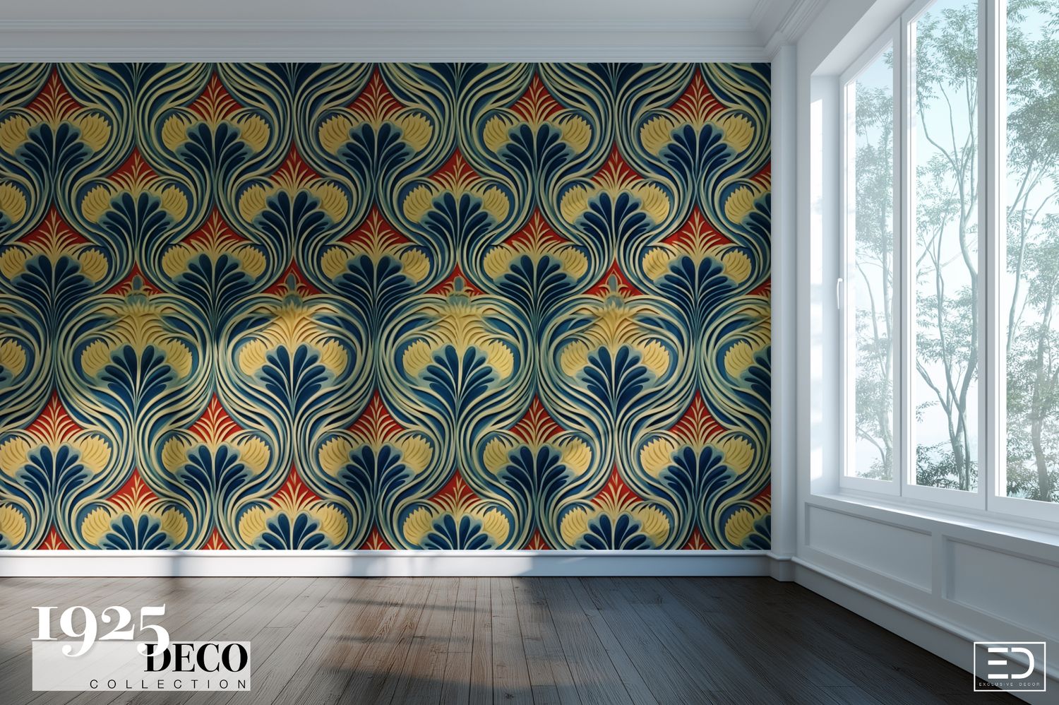 The Empire Crest Wallpaper: Navy, Gold &amp; Red | 1925 Deco Collection