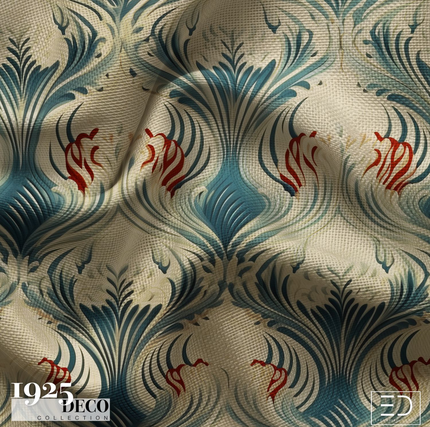 The Riviera Plume Fabric: Teal, Cream &amp; Crimson | 1925 Deco Collection