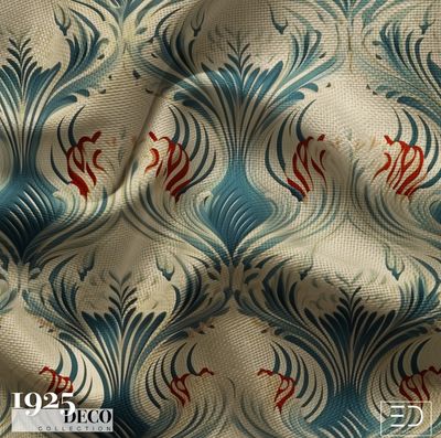 The Riviera Plume Fabric: Teal, Cream & Crimson | 1925 Deco Collection The Riviera Plume Fabric: Teal, Cream & Crimson | 1925 Deco Collection
