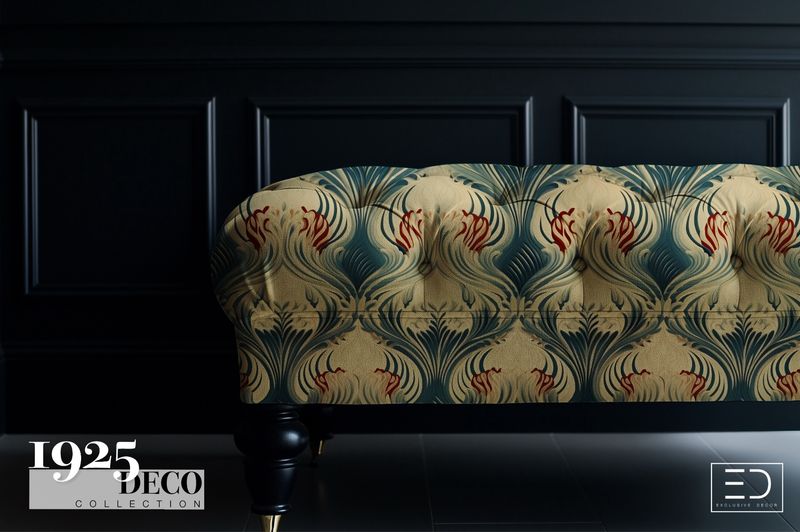 The Riviera Plume Fabric: Teal, Cream &amp; Crimson | 1925 Deco Collection