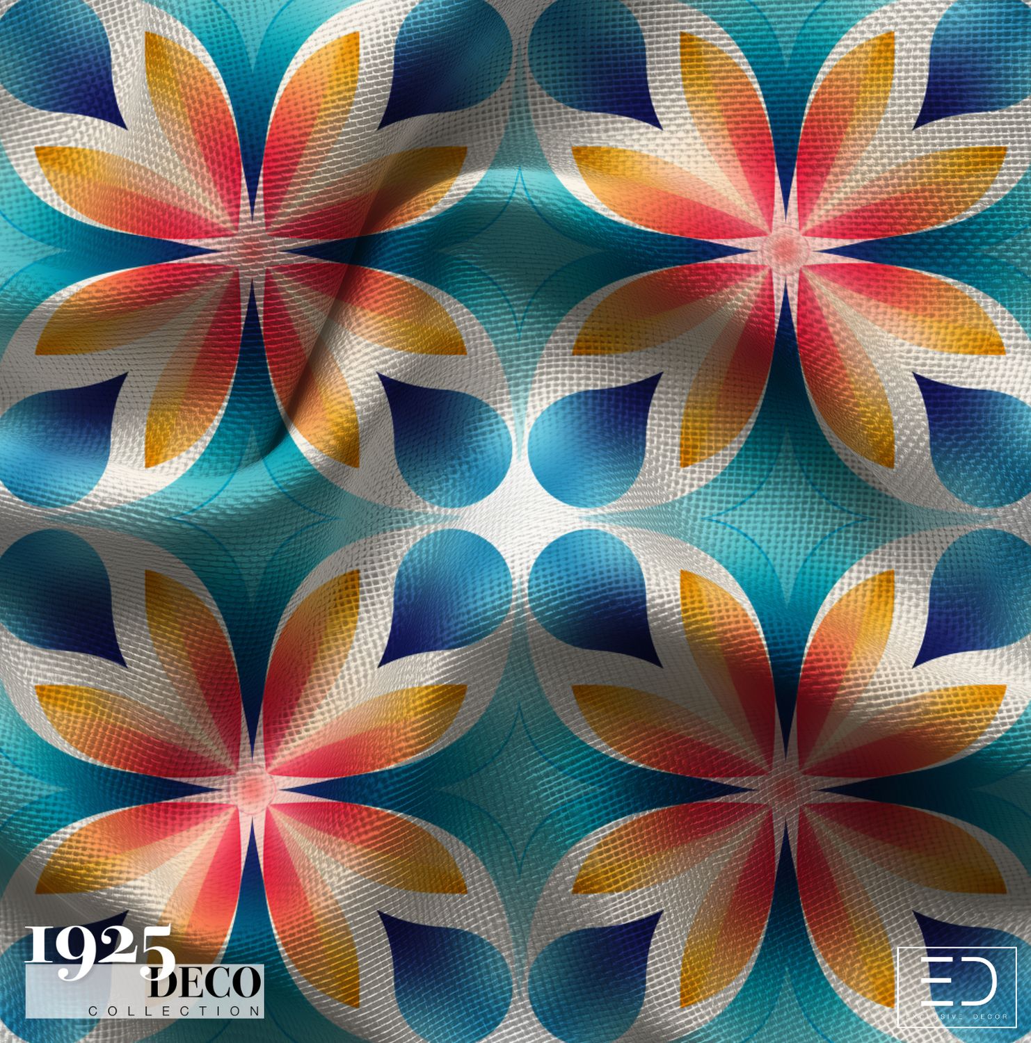 The Lido Fabric: Turquoise, Gold &amp; Coral | 1925 Deco Collection